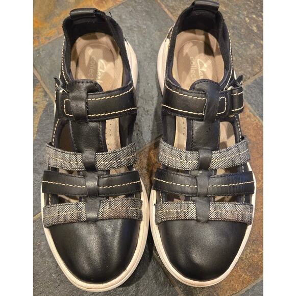 Clarks Teagan comfy, black, grey& white slip-on Velcro strap leather sneaker sz8 - Picture 2 of 3